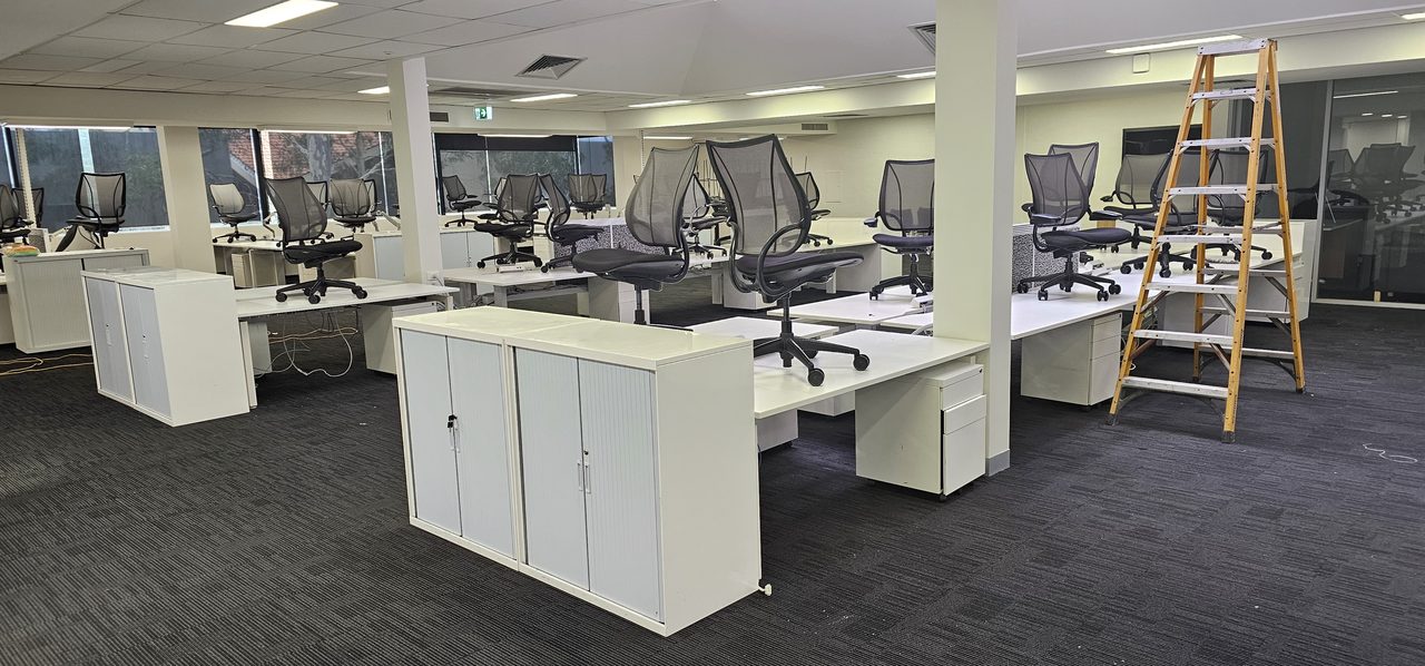 Charcoal carpet tiles in a cleared Perth office, where a deep clean takes out the skin flakes and allergen-laden dust that dust mites feed on.