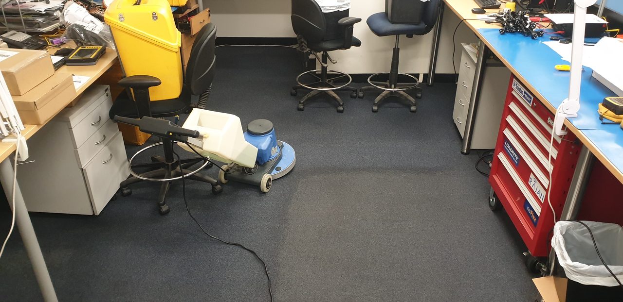Low moisture cleaning of blue grey broadloom in a Perth workshop office, so staff can walk on the floor again an hour or two later
