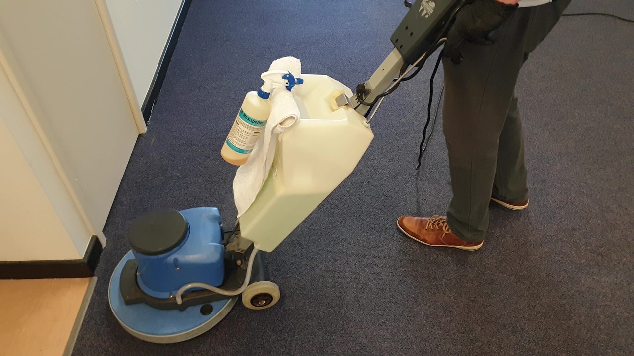 Navy office broadloom scrubbed in Perth, the carpet type where red wine and dark cordial spills need fast, specialist stain treatment