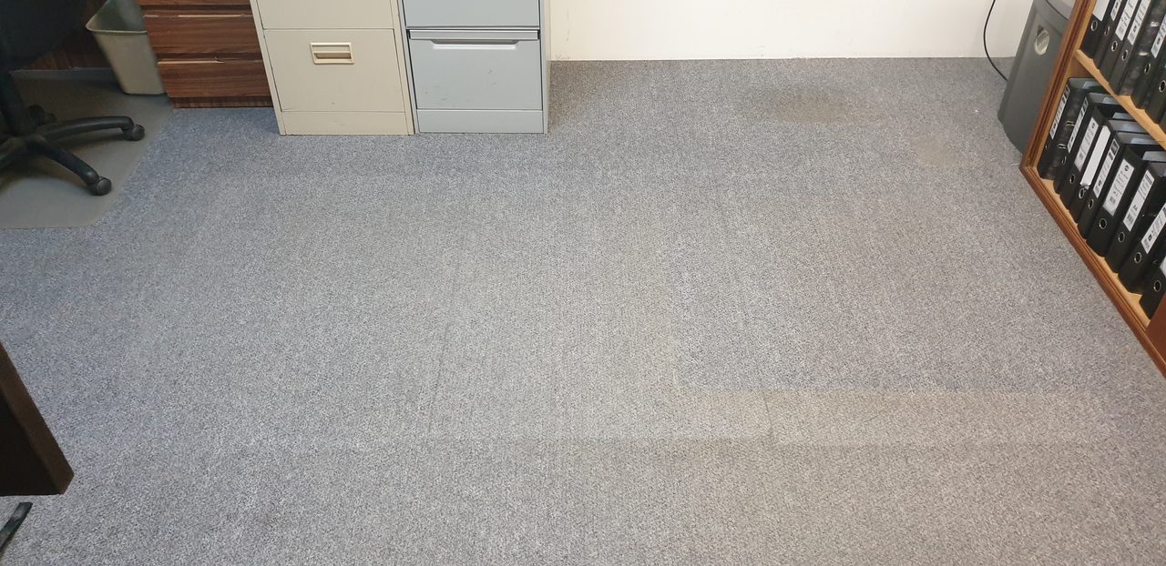 Freshly cleaned grey flecked carpet in a small Perth office, rinsed free of the detergent residue that would draw fresh soil back in.