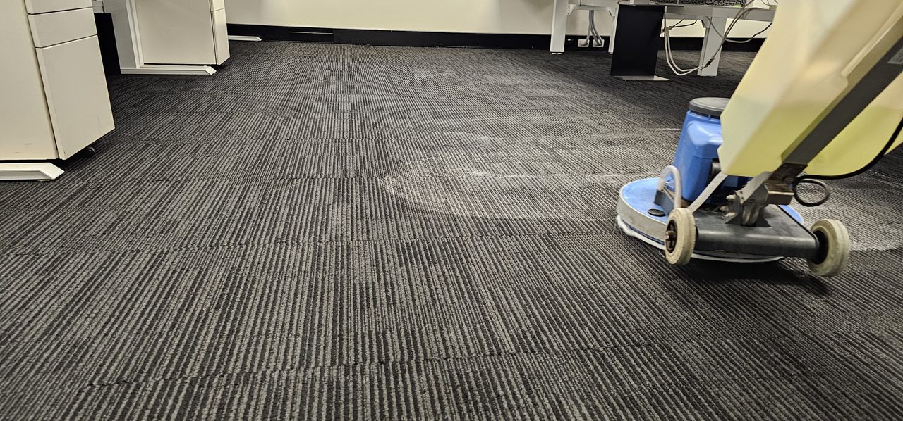 Agitation on charcoal ribbed carpet tiles in a Perth office, the scrubbing machine working the pre-spray into the pile after its dwell time