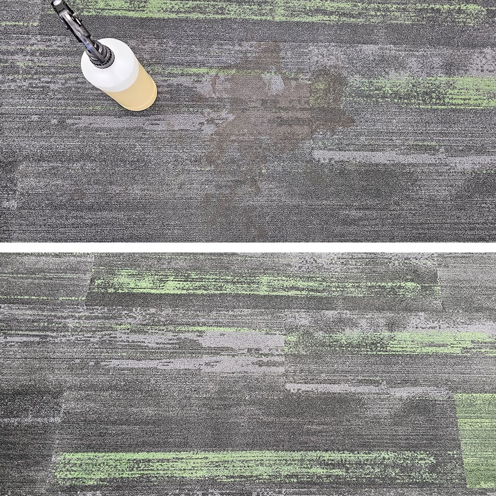 A dark spill on grey and lime green carpet tiles in a Perth office, cleaned out so the bold pattern shows true again