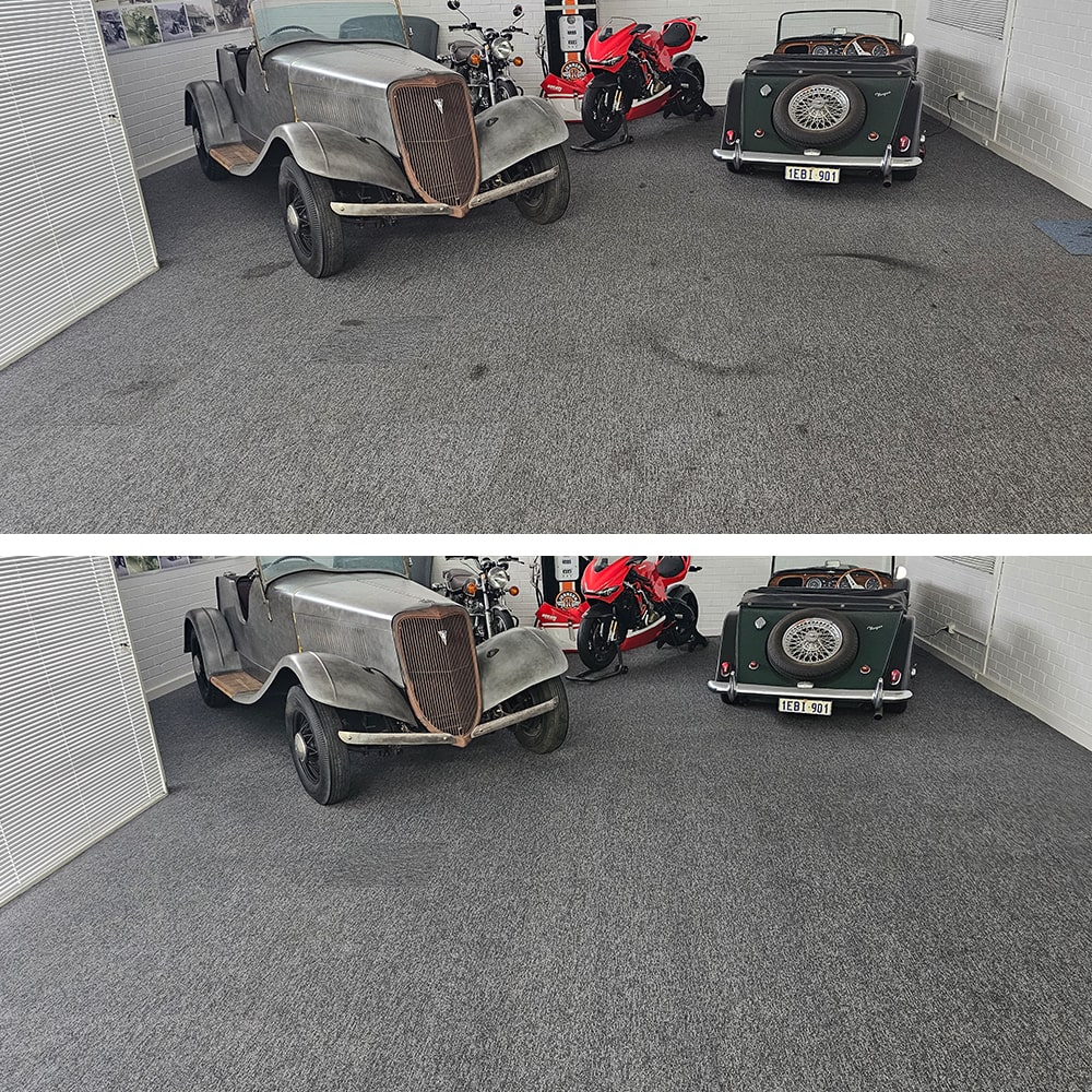 Tyre tracks and oily marks cleared from the charcoal carpet around a Perth classic car display