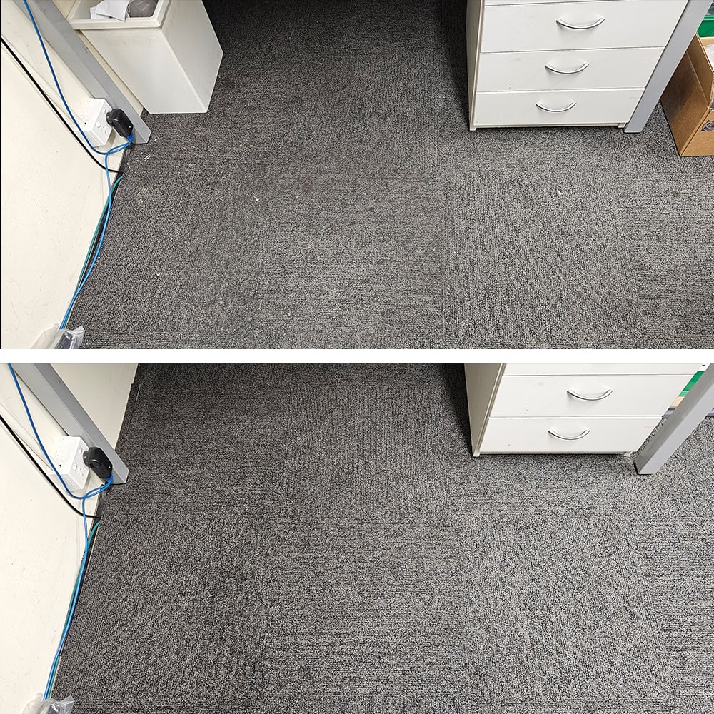 Spots under a Perth office desk, cleaned from dark grey carpet to give the workstation a fresh, cared for floor