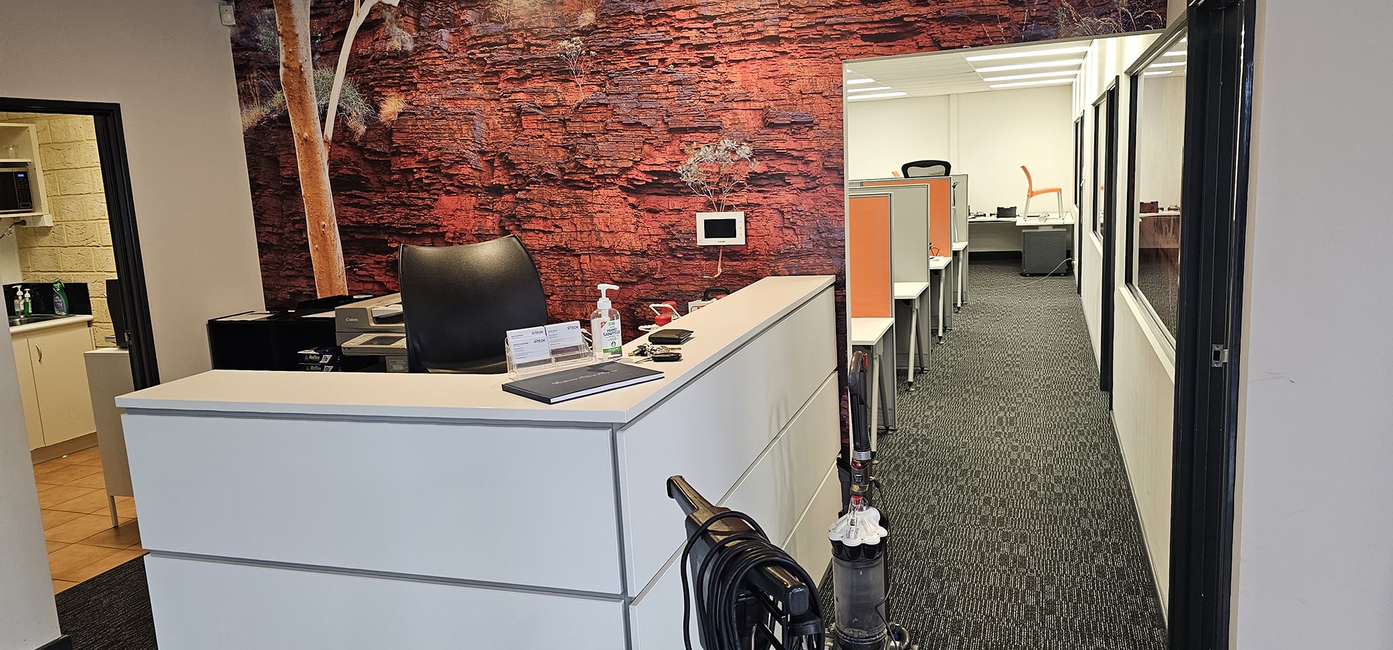 A Perth office reception and its corridor of carpet tiles, set up for our commercial carpet clean