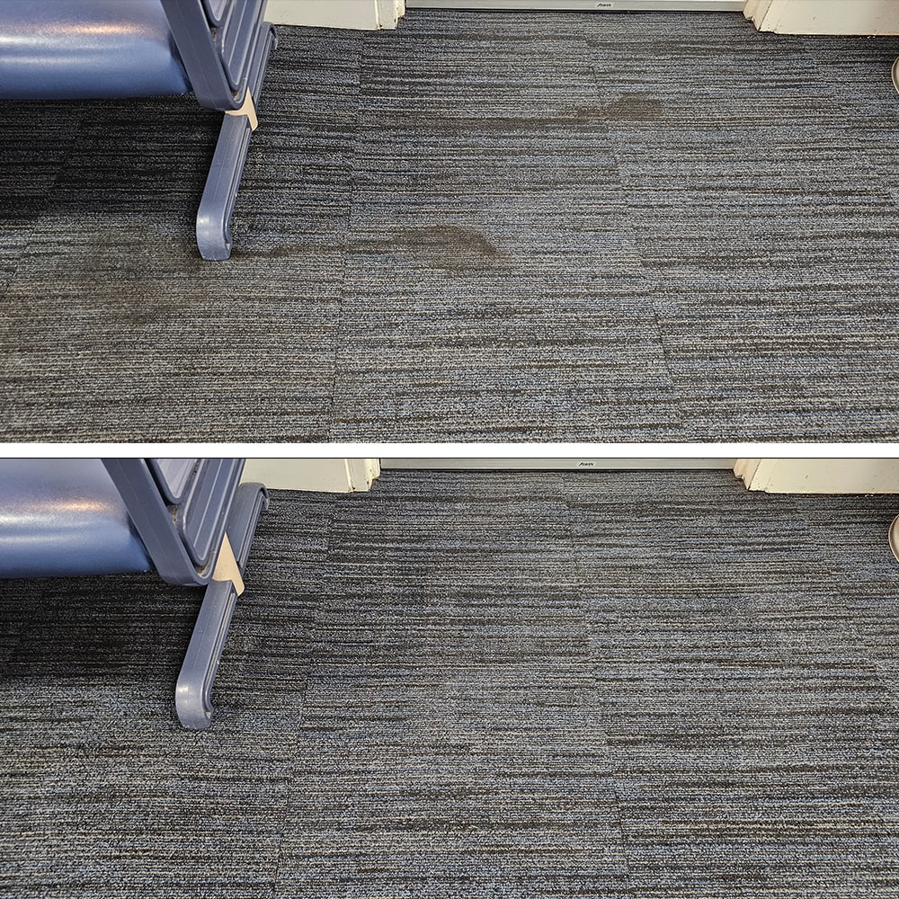 Dark spill marks cleaned from the blue carpet tiles of a Perth waiting area, leaving a tidy first impression