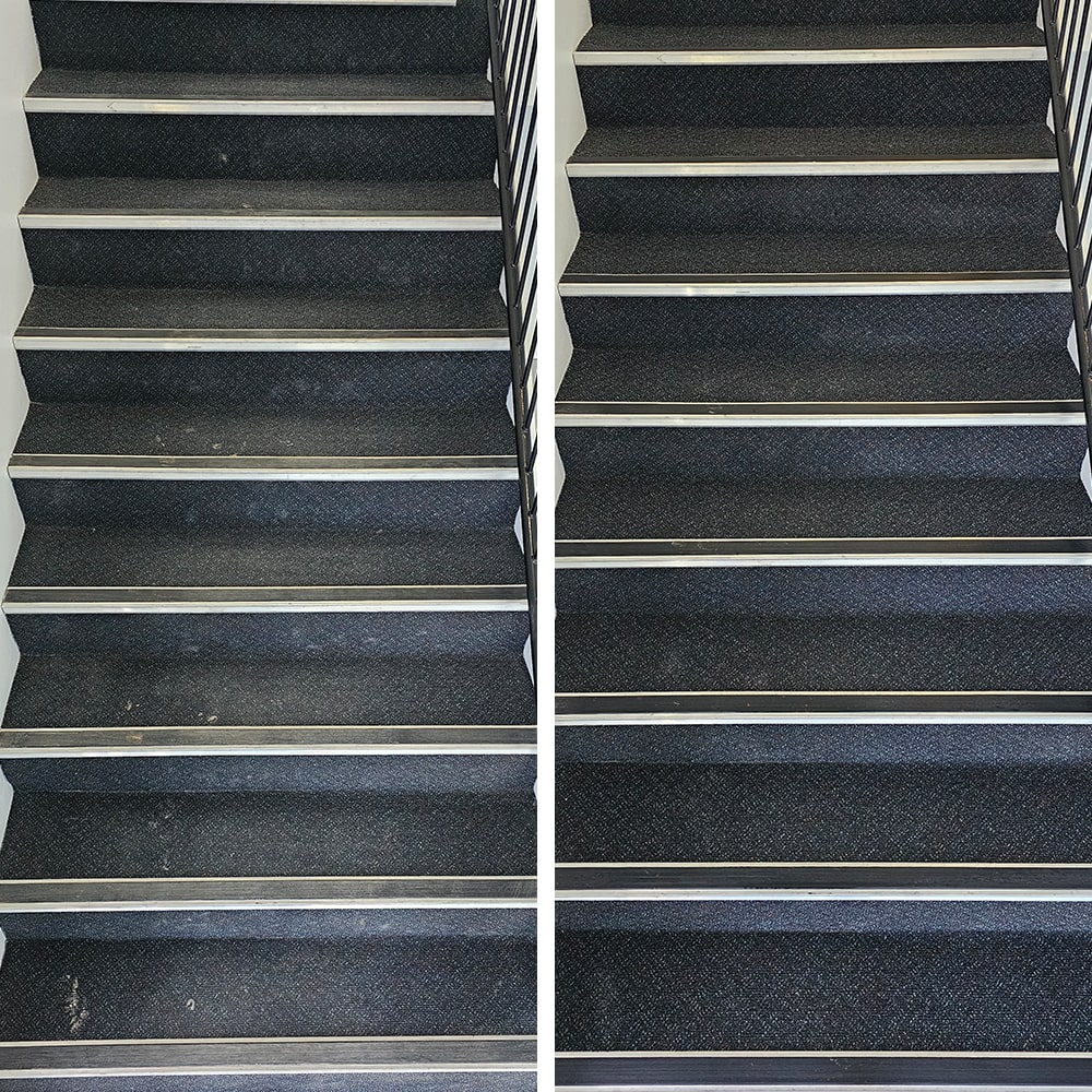 Spots and traffic soil cleaned from every tread of a carpeted stairwell in Perth, the stairs bright and tidy again