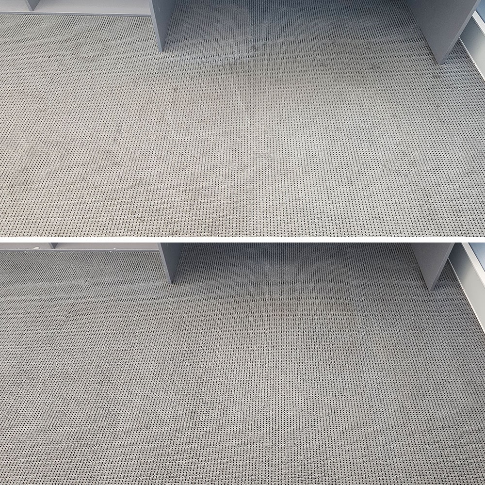 Spill marks under a Perth office desk, cleaned from grey dotted loop pile so the area matches the rest of the floor