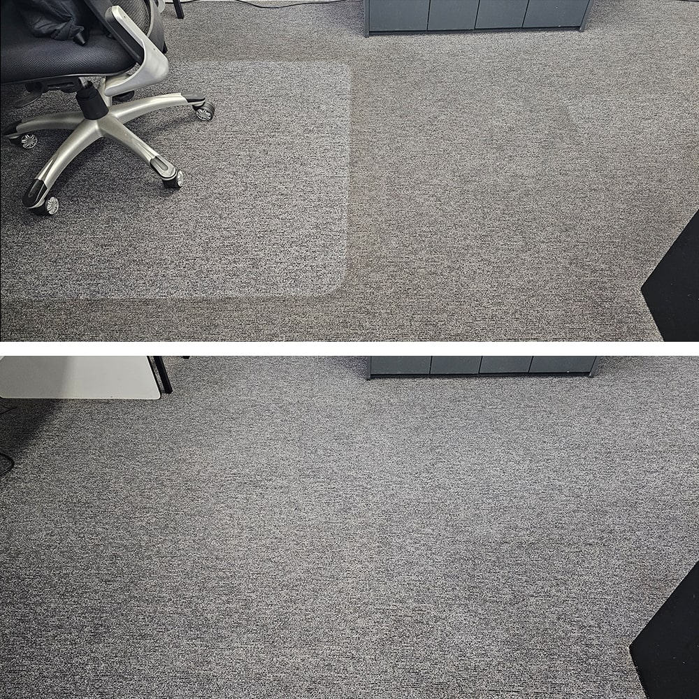 The soil line left around a chair mat on grey office carpet in Perth, cleaned out so the edge no longer shows