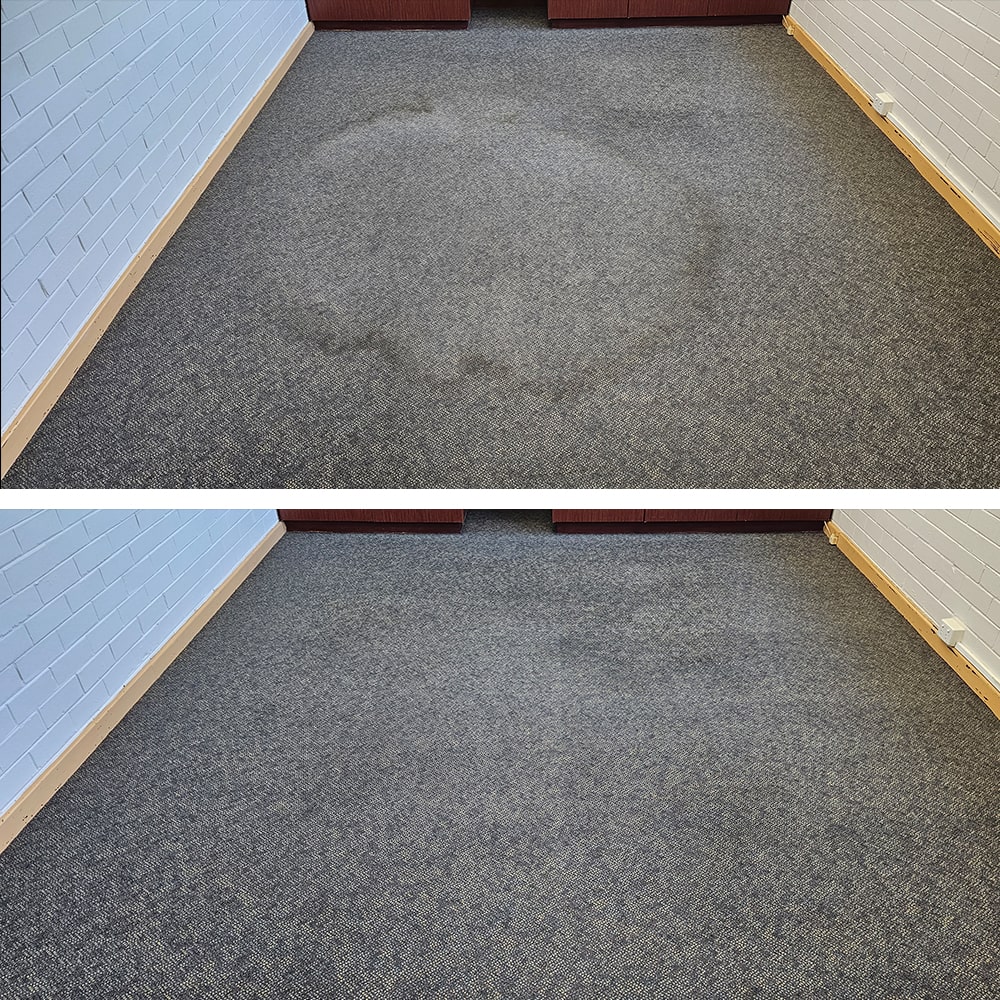 A wide water ring on grey loop pile carpet in Perth, cleaned away so no tide line is left on the floor