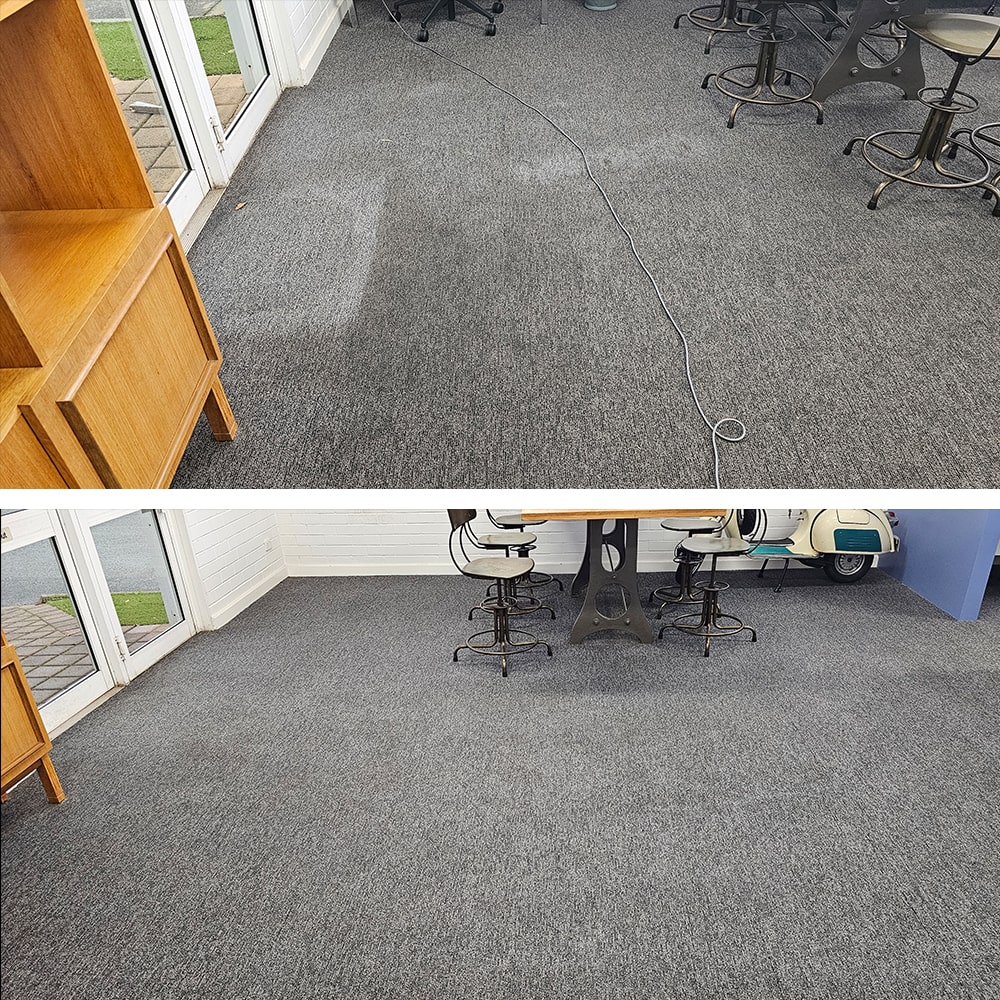 Traffic soil cleaned from charcoal carpet in a Perth break-out area, the whole floor brought back to one fresh tone