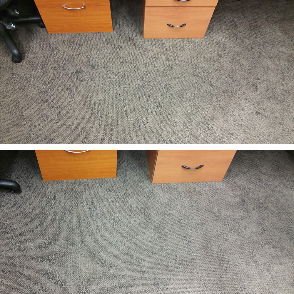Dark spots and scuffed soiling around Perth office desks, cleaned from grey carpet for a fresher workspace