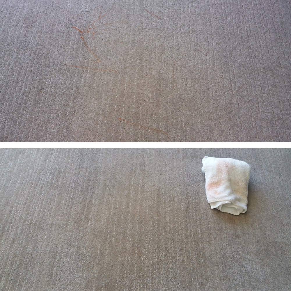 Orange streak marks across grey cut pile office carpet in Perth, removed to leave a smooth, unmarked surface