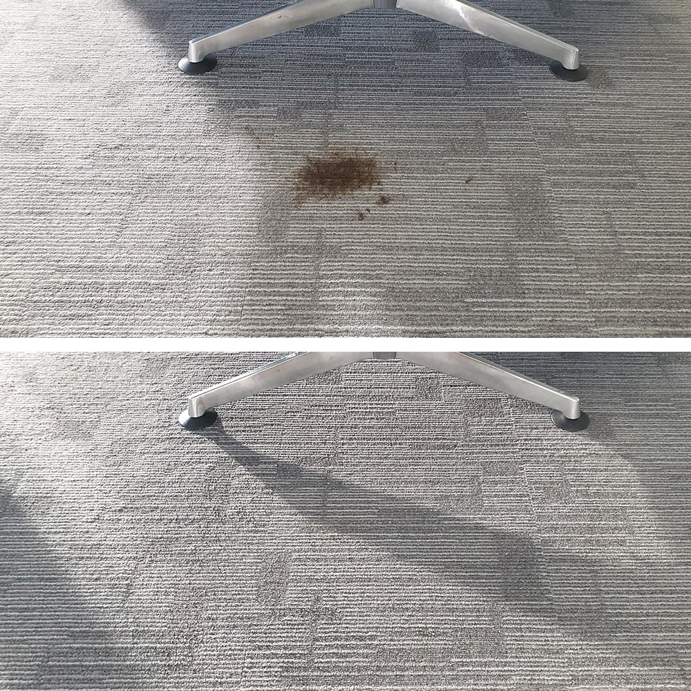 A fresh spill and the dark marks spreading round it, cleaned from grey carpet tiles under a Perth office chair