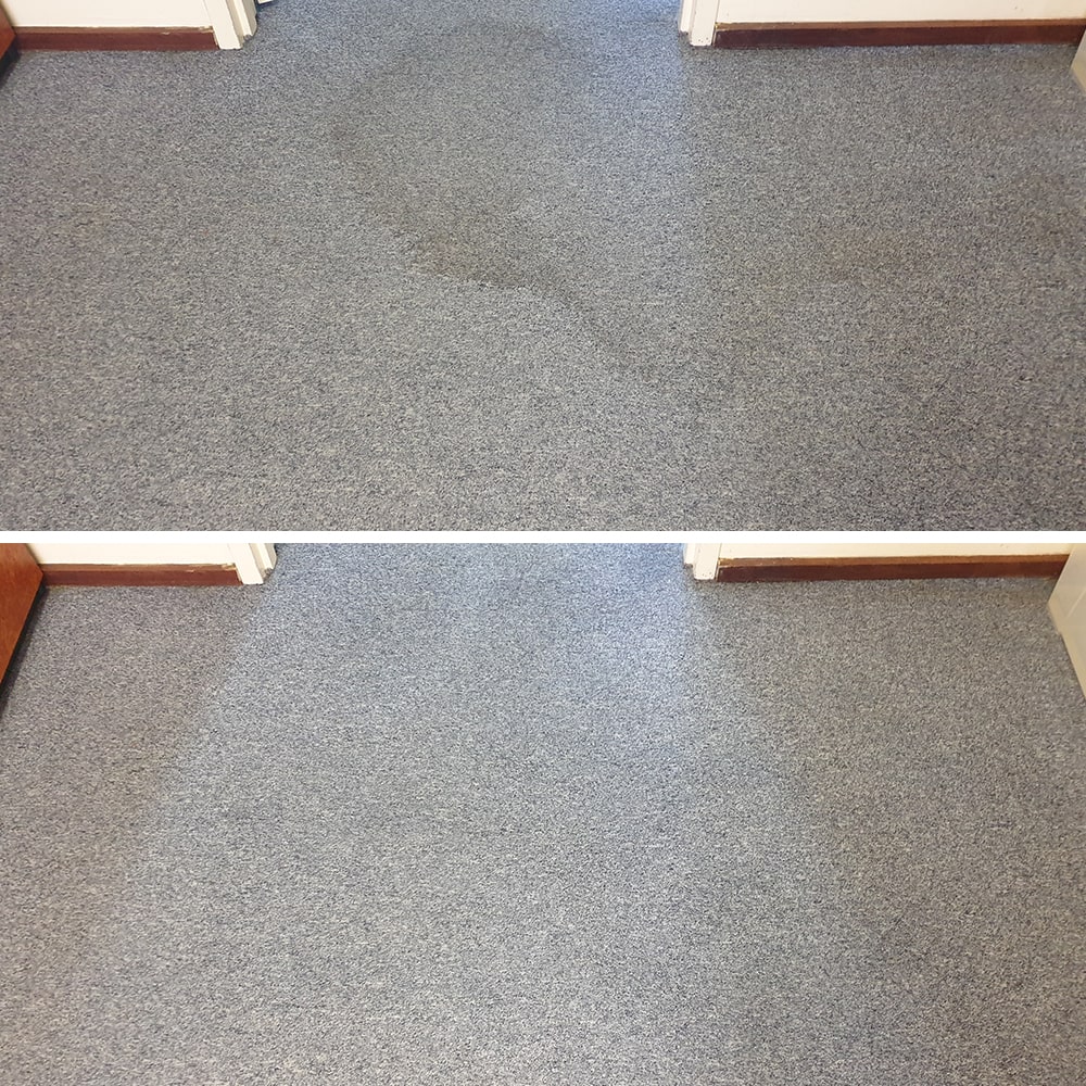 A dark spill trail across blue grey commercial carpet in Perth, cleaned out of the pile without a mark left