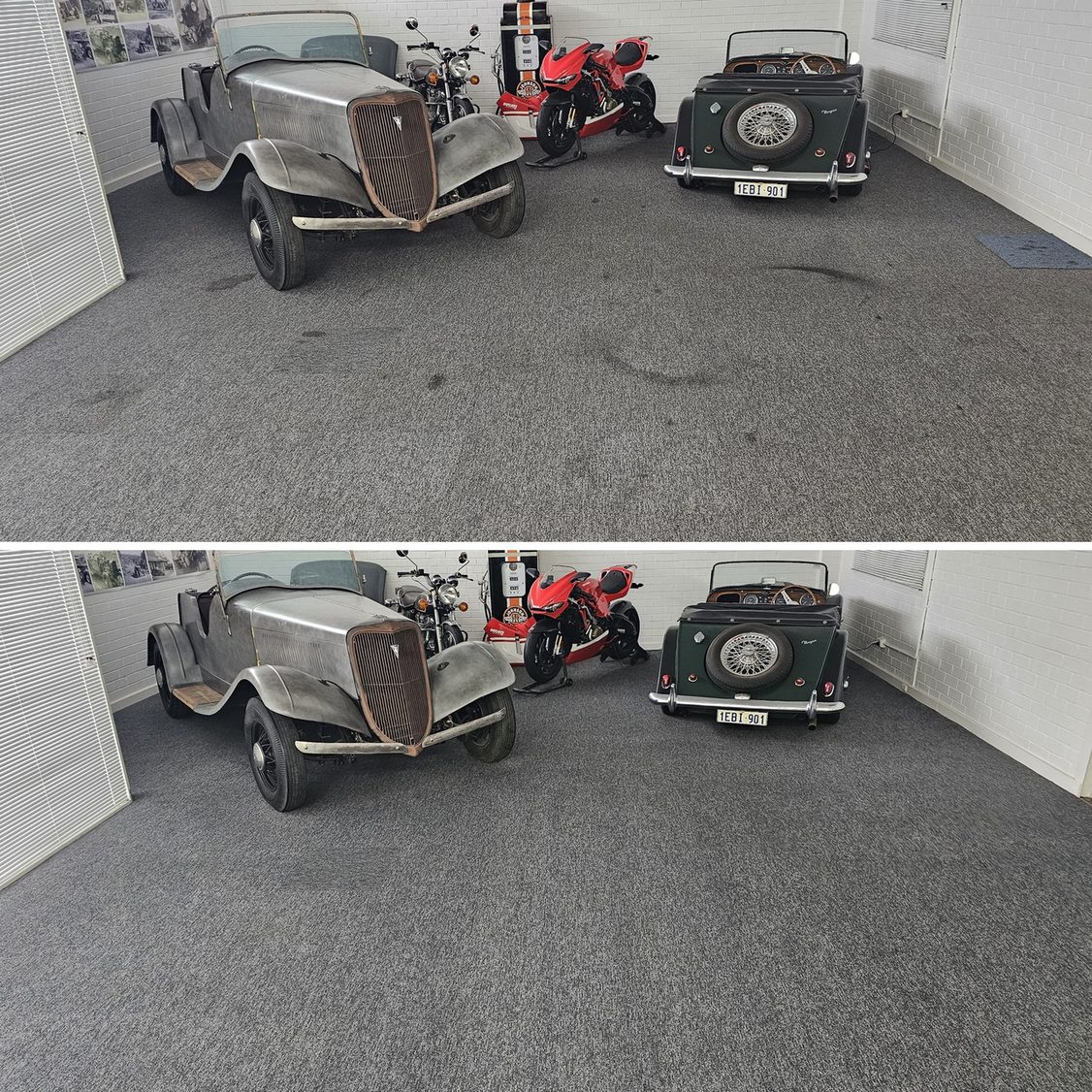 Before and after: dark marks on the grey carpet of a classic car showroom (top), and the same floor after cleaning (bottom).