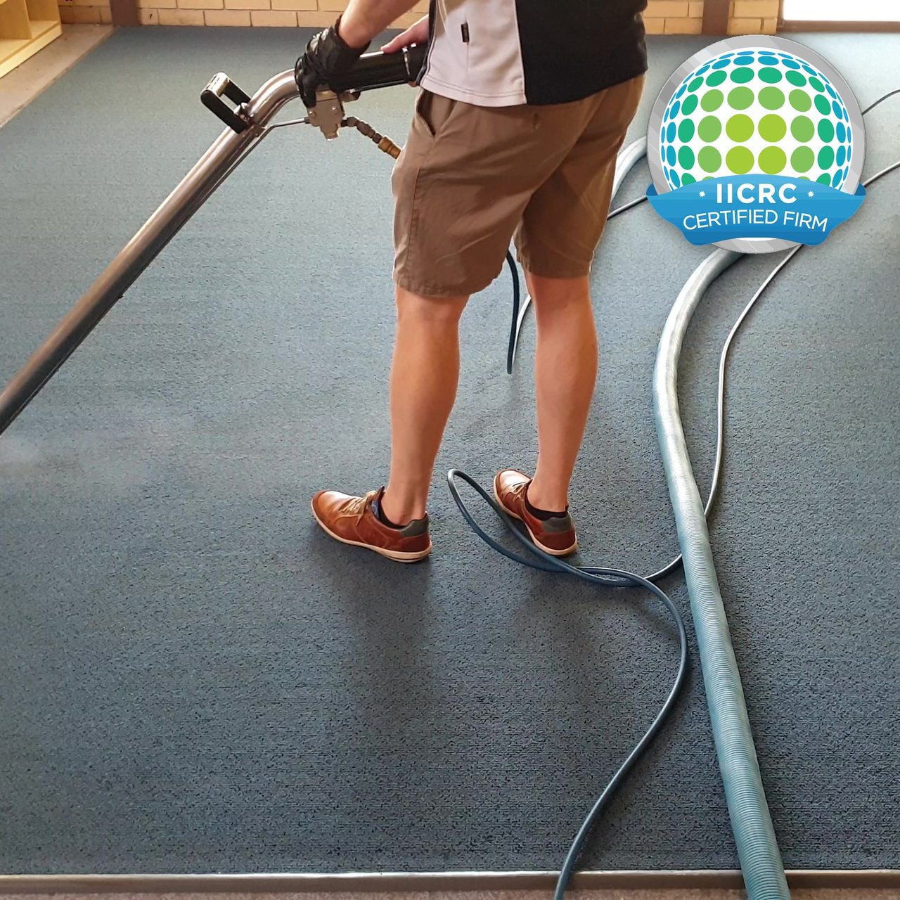 A technician steam cleaning blue carpet in a childcare room, the hoses running across the floor, with the IICRC Certified Firm mark in the corner.