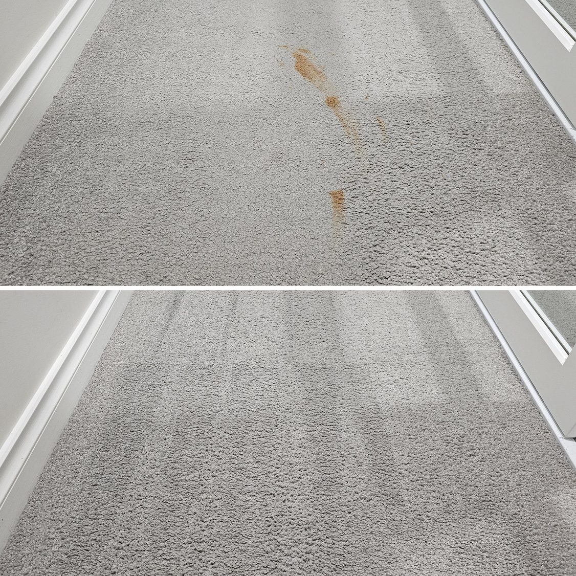 Before and after: orange spots in a carpeted corridor (top), and the corridor after cleaning, spot-free with even wand stripes (bottom).