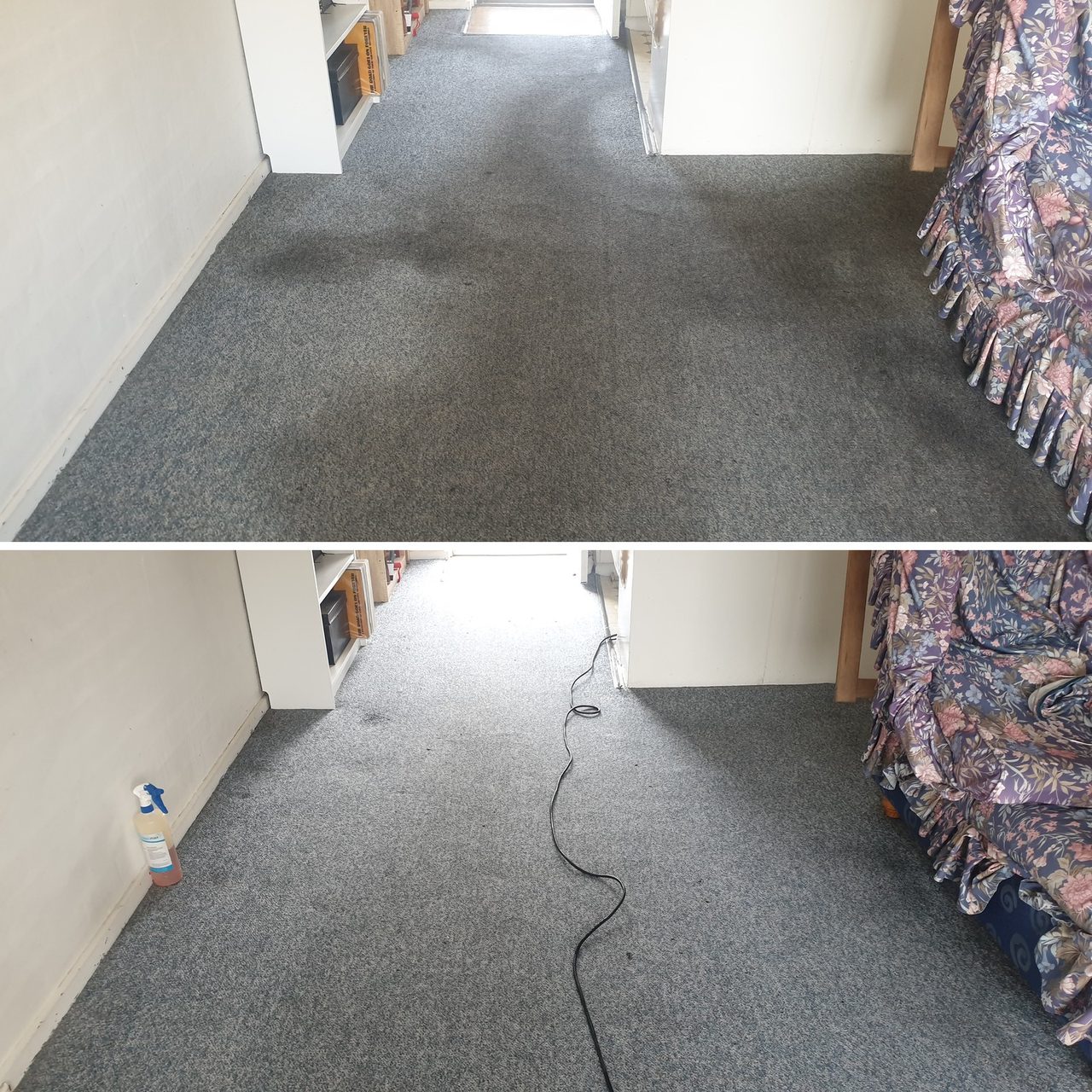 Before and after: a grey traffic lane darkening a carpeted hallway (top), and the same hallway after cleaning (bottom).