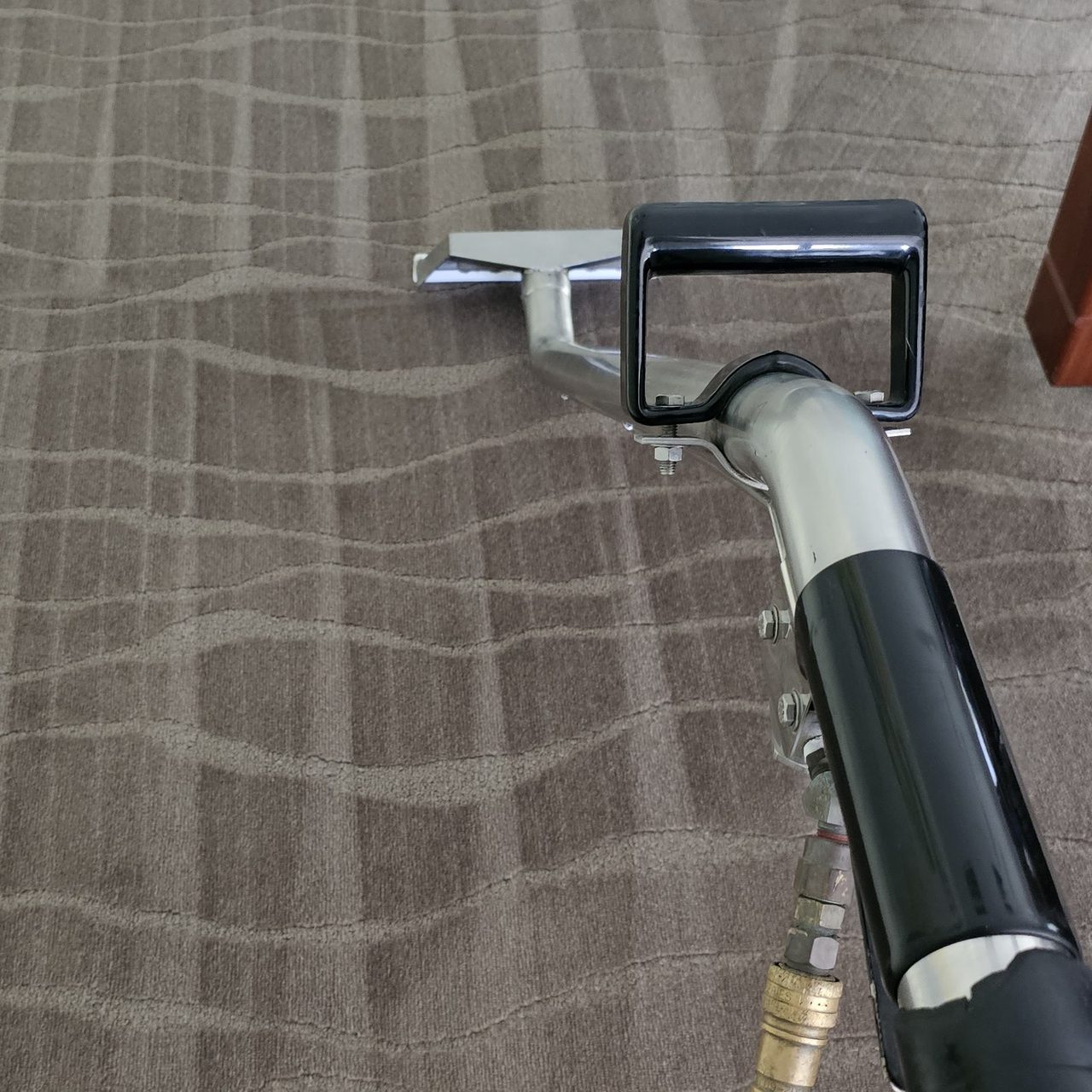 A steam cleaning wand on patterned grey carpet, clean stripes running across the pattern.
