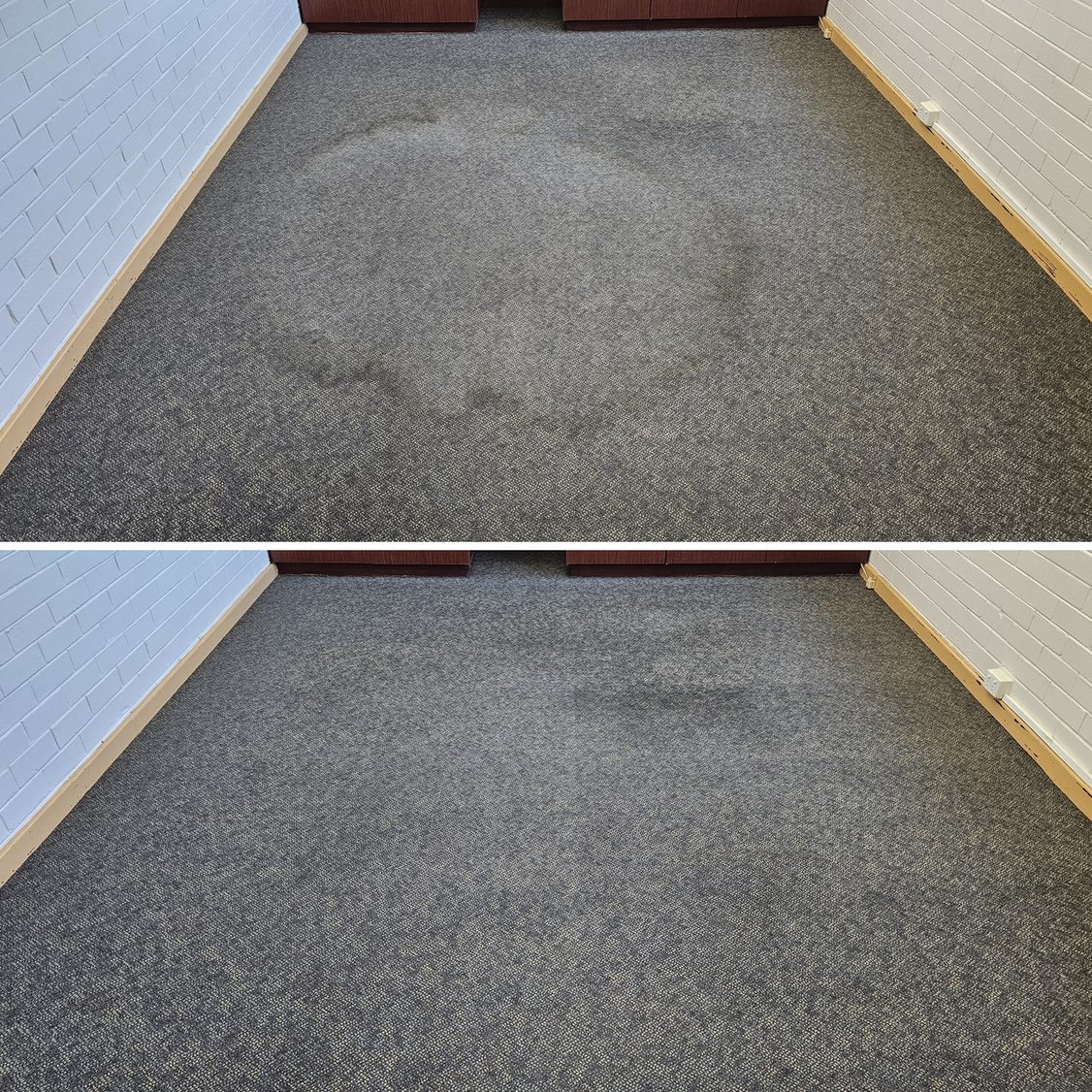 Before and after: a large water ring on grey carpet (top), and the same room after cleaning with the ring gone (bottom).