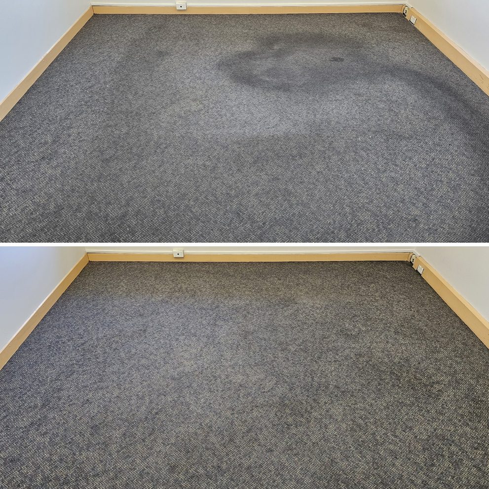 Before and after: a dark trail worn across grey carpet (top), and the same room after cleaning with the trail gone (bottom).