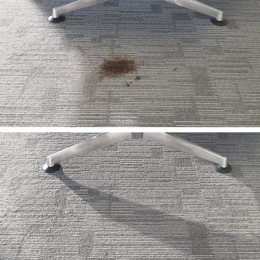 Office carpet stain removal in Perth, the mark under a desk chair before treatment and the same carpet tile clean after.