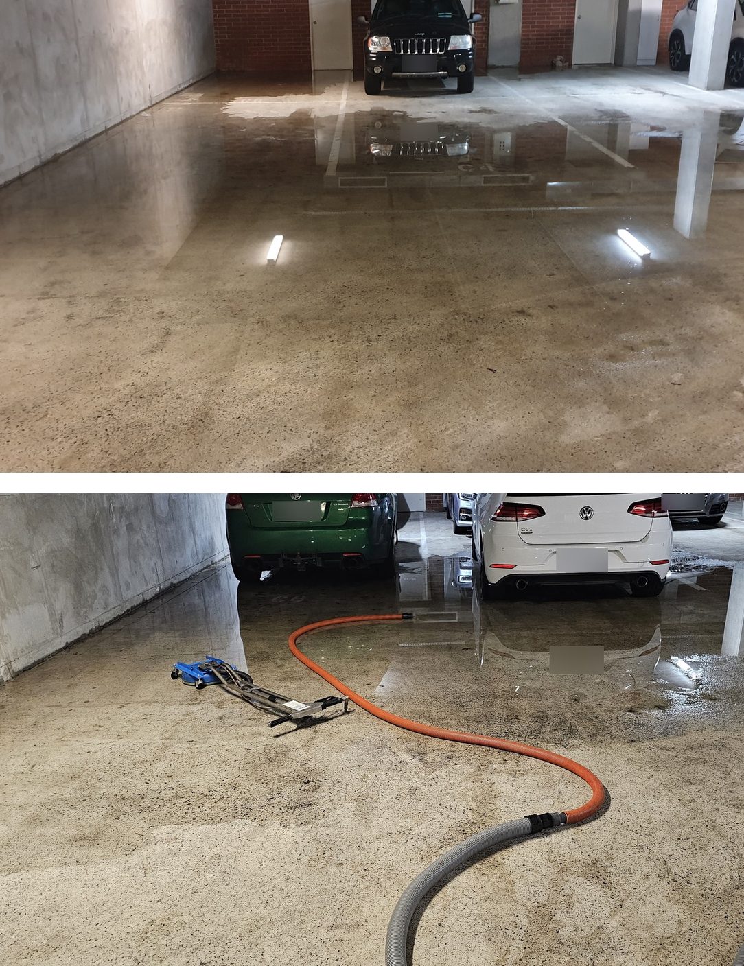 Standing water across a basement car park in Perth, and the sand a flood carried in left on the slab while we extract it.