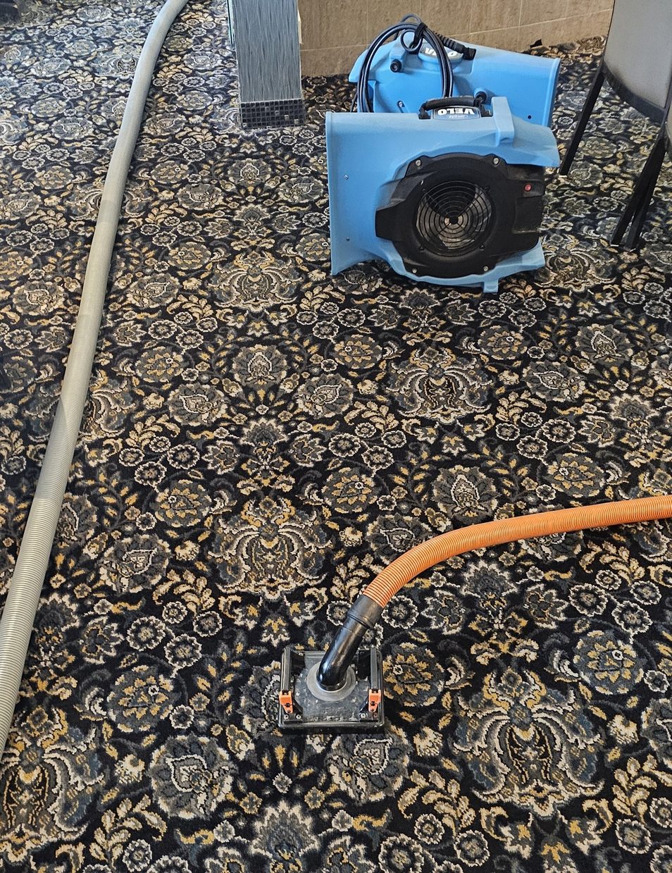 Drying a Perth function room's carpet, an air mover set beside the flood extraction tool on the patterned floor.