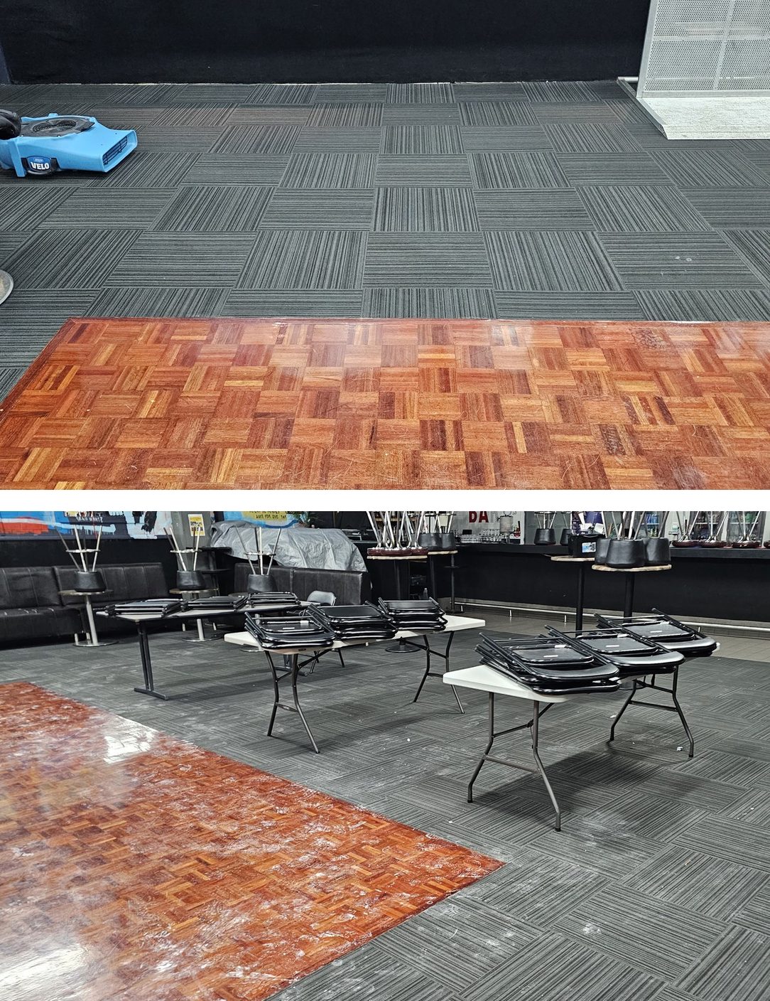 An air mover drying the carpet tiles beside a Perth function venue's parquet dance floor, and the same room once dry, ready for its clean.