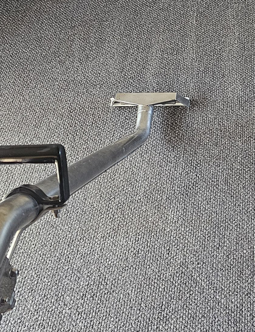 Steam cleaning a grey wool loop pile carpet in Perth, the extraction wand drawing the rinse and the soil back out of the loops.