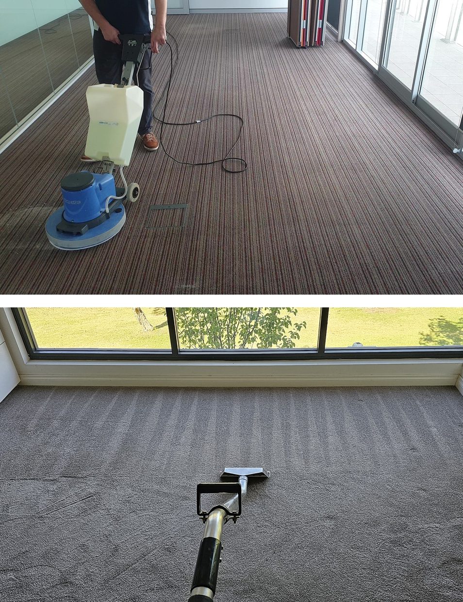 A scrubbing machine working a striped office corridor carpet in Perth, and our extraction wand rinsing a grey wool carpet beneath a run of windows.