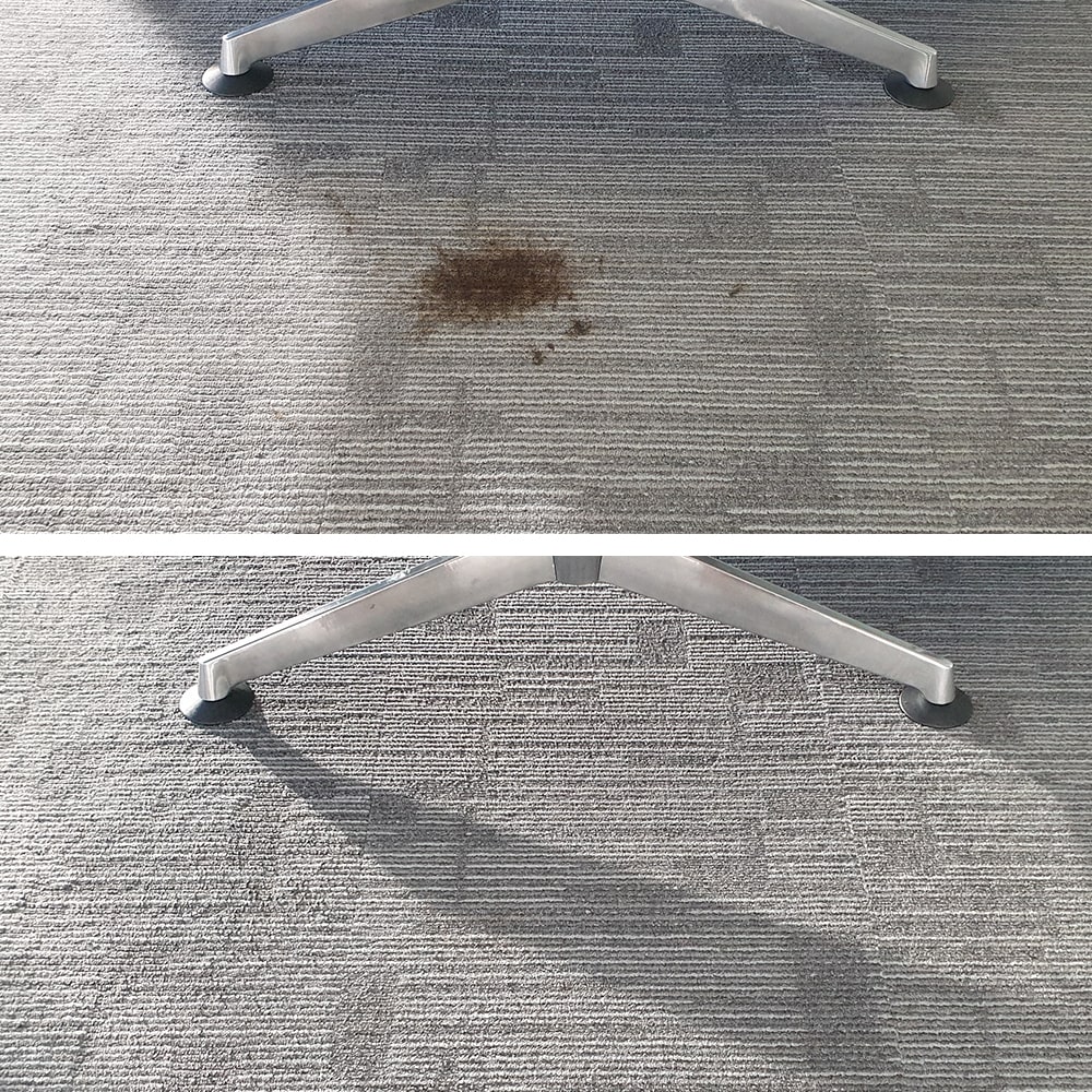 Before and after example of removal of coffee stains from carpets.